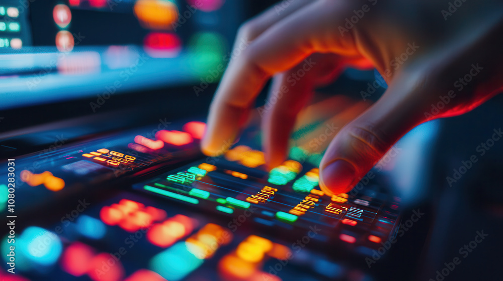 Poster hand interacting with futuristic touchscreen interface, showcasing vibrant colors and dynamic contro