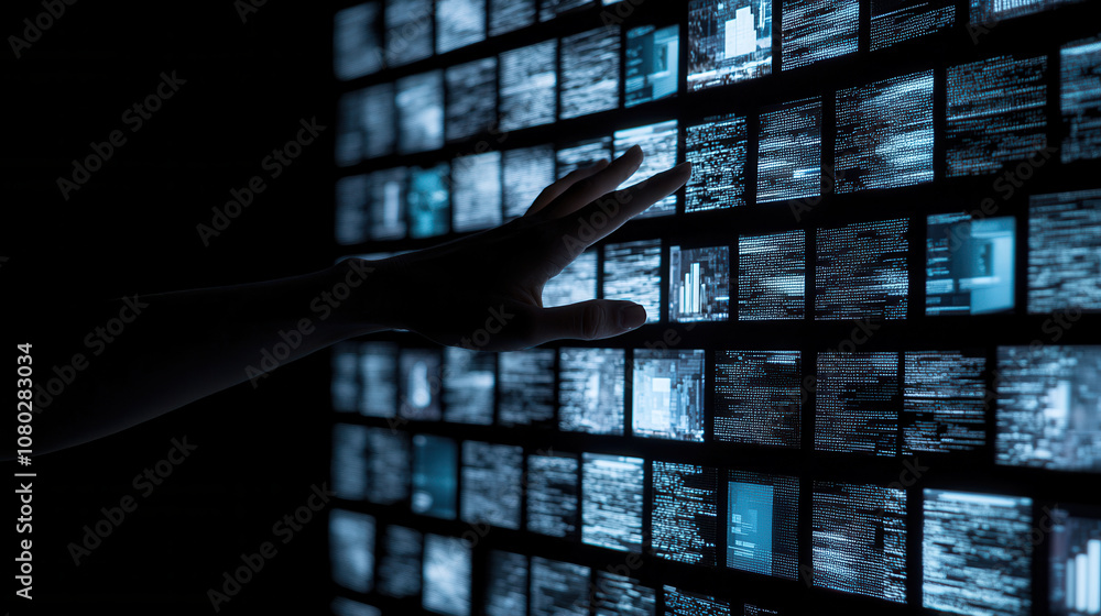 Poster backlit silhouette of hand swiping on digital interface, showcasing data visualization and technolog