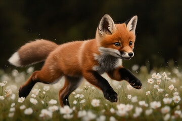 Obraz premium A playful fox kit frolicking in a field of flowers, showcasing its adorable movements. A fox cub enjoying a spring day.
