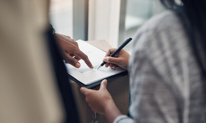 Hands, people and signature with package of courier service, online shopping and distribution...