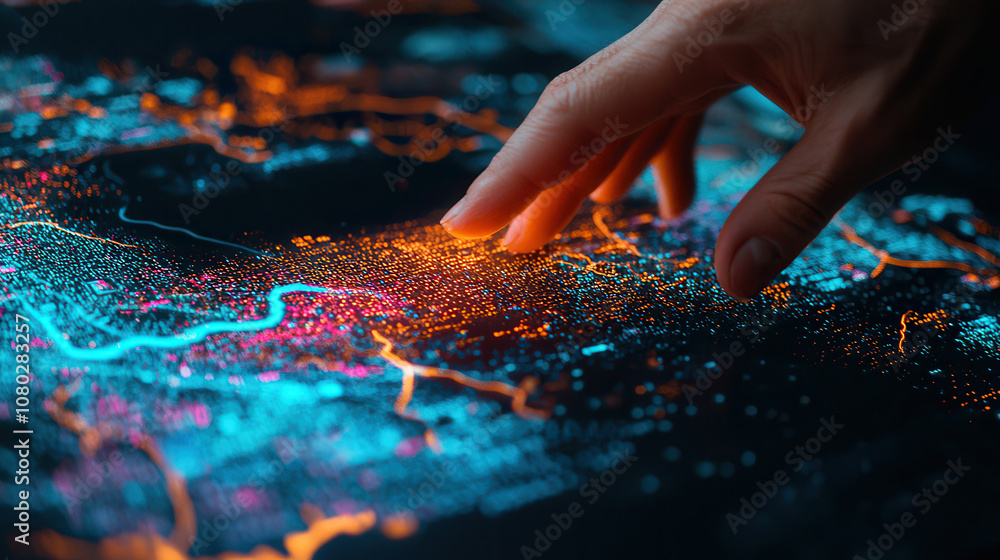 Poster close up of hand interacting with digital holographic map, showcasing vibrant data points and connec