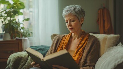 Elderly woman with short gray hair reading a book, sitting on a comfortable couch in a bright room, soft daylight  her peaceful expression