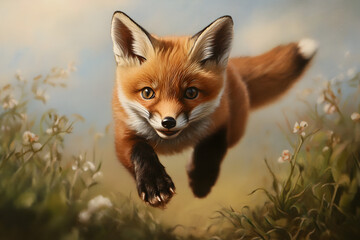 Fototapeta premium A playful fox kit frolicking in a field of flowers, showcasing its adorable movements. A fox cub enjoying a spring day.