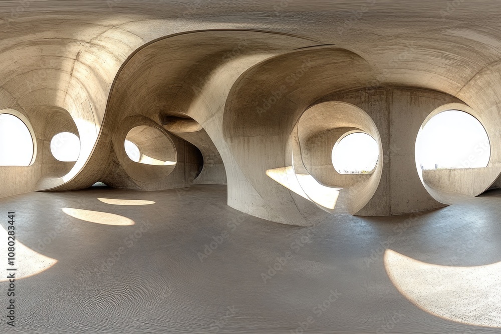 Poster a modern interior design with multiple circular windows and a concrete floor, suitable for use in ar