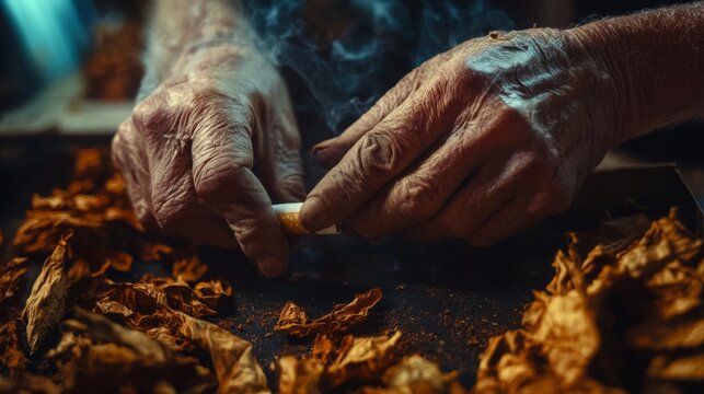 Close up of skilled hands expertly rolling tobacco leaves into cigars. The warm glow highlights the art of craftsmanship. A celebration of tradition and expertise. Generative AI
