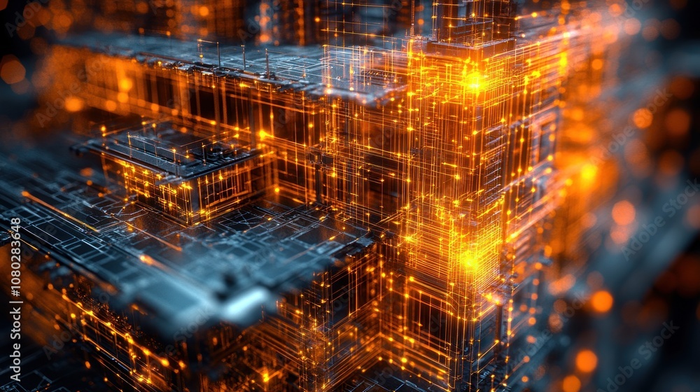 Aufkleber abstract digital landscape with glowing circuitry and data flow.