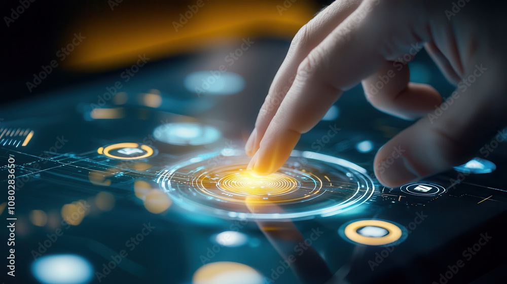 Poster close up of hand interacting with digital touchscreen interface, showcasing vibrant graphics and tec