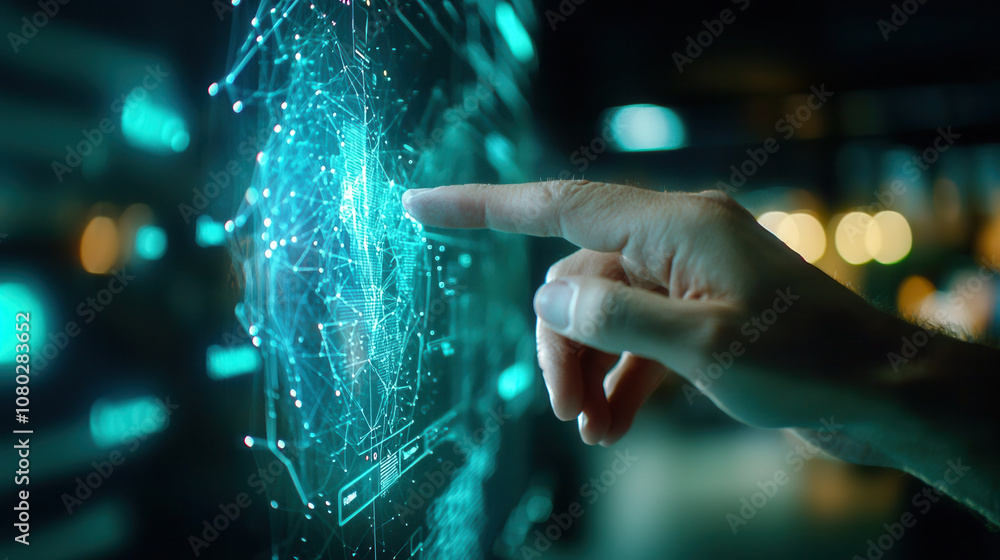 Aufkleber close up of hand interacting with digital interface, showcasing technology and innovation. glowing e