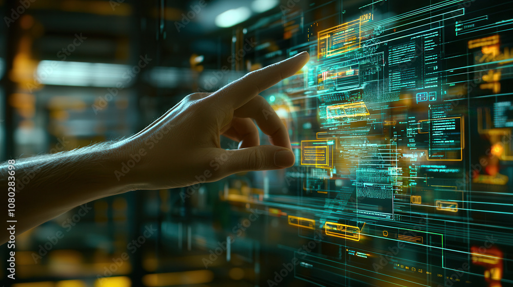 Poster close up of hand interacting with digital interface, showcasing advanced technology and data visuali