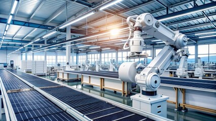 Modern Automated Manufacturing Facility Featuring a White Industrial Robot Arm Assembling Solar Panels on a Bright Production Line in a High-Tech Environment