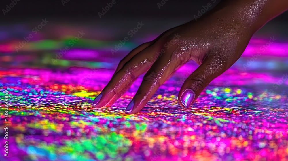 Poster close up of fingers swiping across vibrant, colorful surface reflecting light, creating mesmerizing 