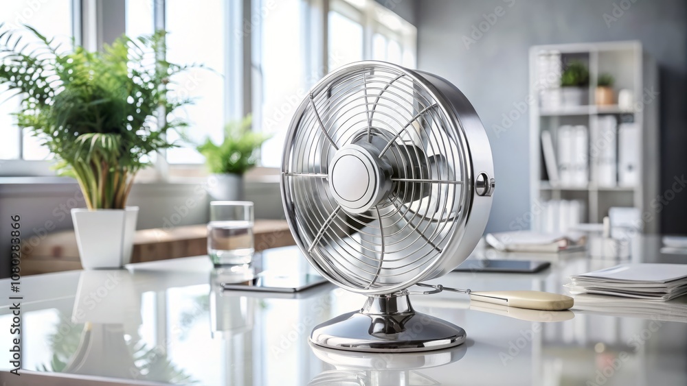 Poster modern chrome desk fan on a bright white table - a minimalist home office scene capturing the elegan