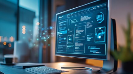 Concept of assembling a web page from modules that fly around the display. The web design studio concept page is on the display