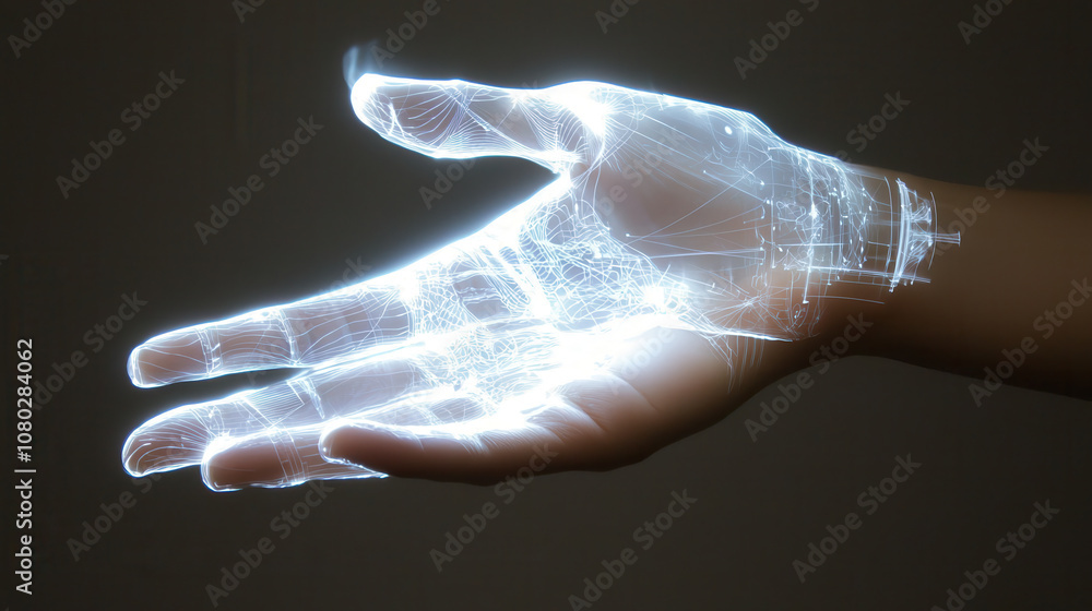 Poster glowing hand with intricate digital patterns symbolizes technology and innovation, showcasing unique
