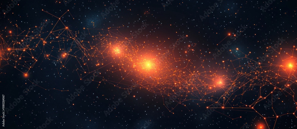 Poster abstract glowing network of connected lines and points in a dark space.