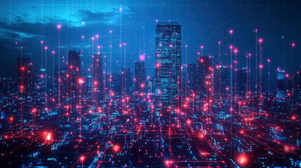 Obraz premium The vibrant cityscape features towering skyscrapers with shimmering lights, creating a dynamic atmosphere at night. A network of glowing lines adds an advanced technological feel.