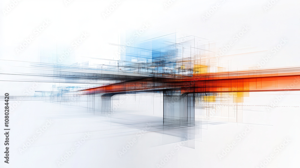 Poster dynamic urban bridge design with abstract architectural elements, showcasing vibrant colors and intr