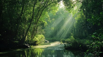 Obraz premium Sunlight Filtering Through a Lush Forest