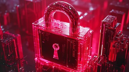 A glowing red padlock sits on a futuristic cityscape, representing the importance of cybersecurity in the modern world