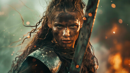 Young viking warrior woman in an epic battle