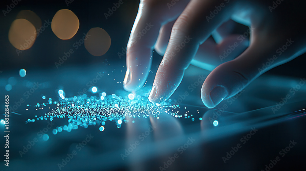 Aufkleber finger touching holographic interface, creating glowing blue particles, showcasing advanced technolo