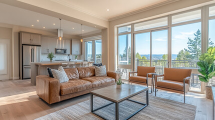 Modern Living Room with Leather Sofa and Patio View