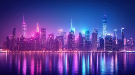 Obraz premium Illuminated Skyscrapers Reflecting in Calm Water at Night