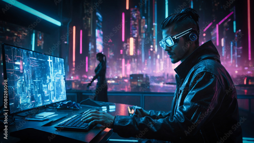 Poster a cyberpunk hacker in a virtual reality setting