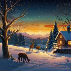 winter landscape with horses and house