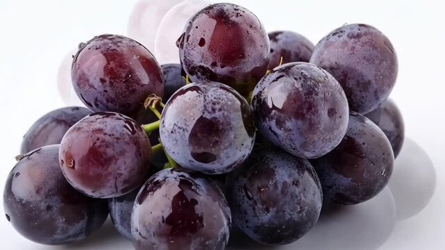 A cluster of dark purple grapes sits on a white surface, glistening with water droplets