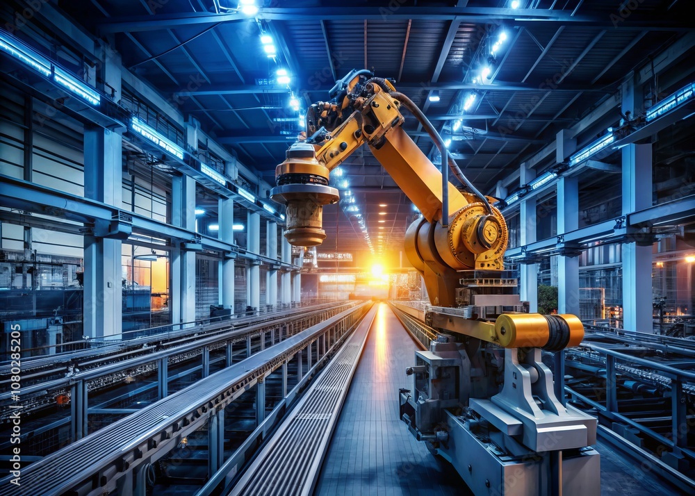 Poster night photography of a modern factory featuring an automated robot arm in motion across an empty pro
