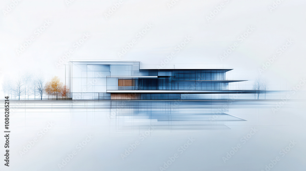 Poster modern architectural design featuring sleek building with reflections on water. minimalist style sho