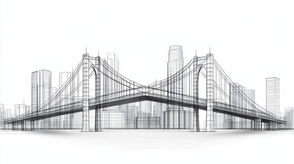 Obraz premium grand suspension bridge design with elevation view, showcasing intricate architectural lines against city skyline. structure embodies modern engineering and urban aesthetics