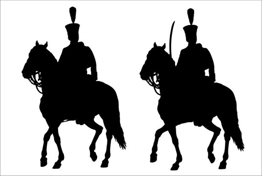 Light cavalry - french Hussar. Mounted soldier of the Napoleonic army. Historical cavalry vector drawing.	