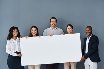 Group, business people and portrait with banner for advertising, marketing and corporate...