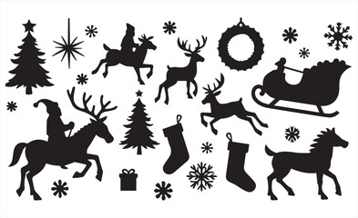 Set of christmas theme icons silhouette, black and white vector  clipart 