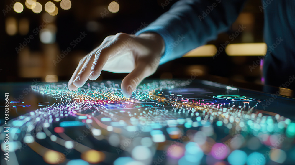 Poster hand interacting with colorful digital interface, showcasing technology and innovation. vibrant ligh
