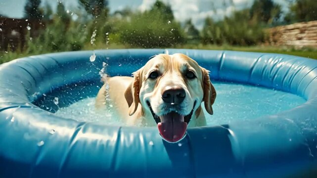 A happy dog enjoys a cool dip in a kiddie pool on a sunny day