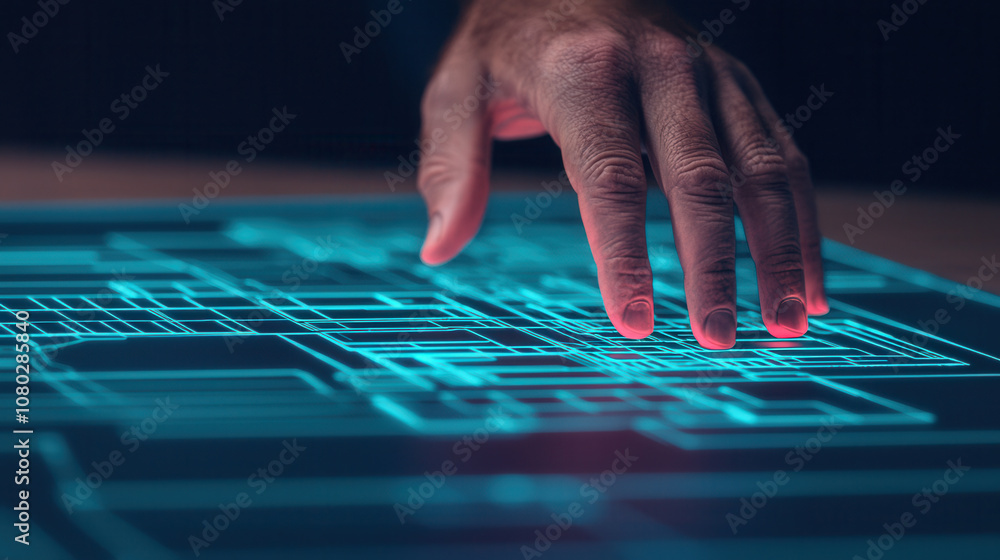 Poster hand hovering over 3d digital catalog interface, showcasing technology and innovation. glowing lines