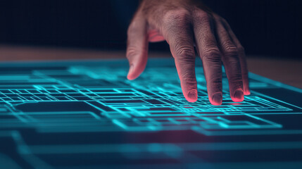 hand hovering over 3D digital catalog interface, showcasing technology and innovation. glowing lines create futuristic atmosphere