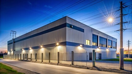 Panoramic View of a New Workshop Building Surrounded by Precast Concrete Fence Wall and Electric Poles in an Industrial Settlement Against a Bright Blue Sky