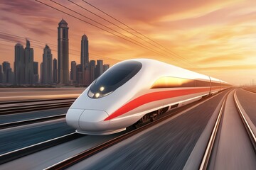 A sleek high-speed train racing along modern tracks at sunset, showcasing innovation and speed in transportation.
