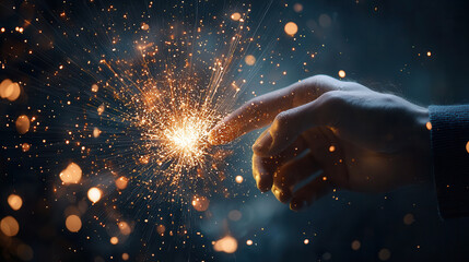 hand interacting with glowing spark, creating magical effect. scene is filled with bright particles and mystical atmosphere, evoking sense of wonder and creativity