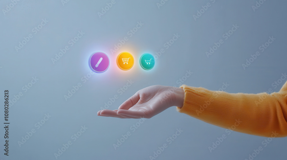 Poster hand navigating virtual reality shopping interface with colorful icons. image captures essence of mo