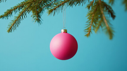 Aesthetic pink christmas toy ball hanging on fir branches, blue background. Festive template. Generative AI