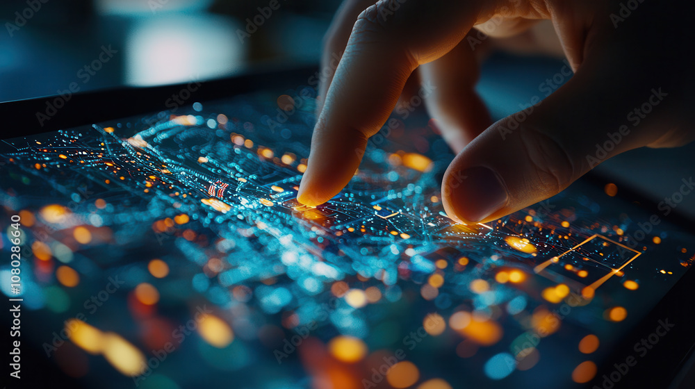 Poster hand swiping on tablet displaying digital interface with vibrant lights and data visualization, show