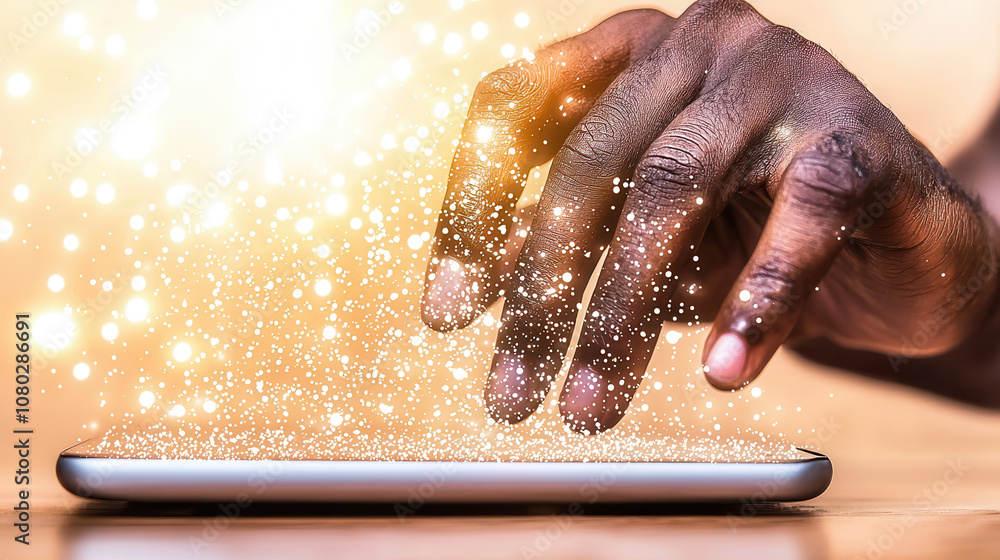 Poster hand swiping through virtual catalog on tablet, creating magical effect with sparkling lights. inter