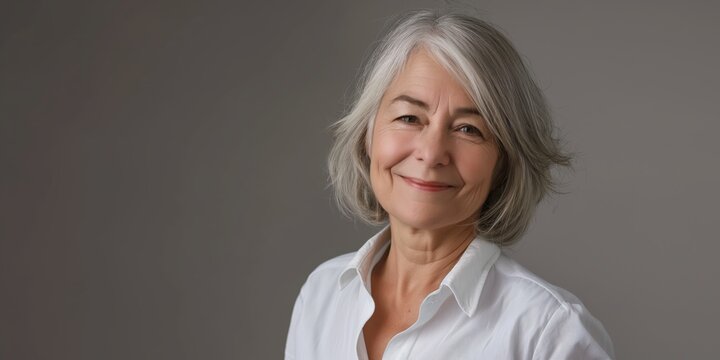 A professional portrait of an elderly lady in a white blouse exudes confidence with a charismatic smile, appearing authentic, experienced, and graceful, embodying wisdom and elegance