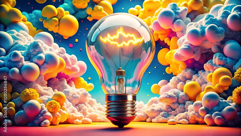 Aufkleber retro pop art bulb surrounded by whimsical clouds in comic book style - a macro photography explorat