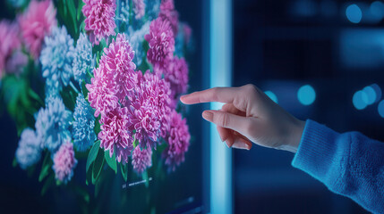 hand using gesture recognition to interact with touchscreen displaying vibrant flowers. colorful floral display creates captivating visual experience